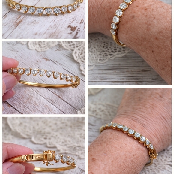 Vintage 1980s Gold Vermeil Sterling Silver Heart CZ Bangle Marked 925 Heirloom - Picture 13 of 13